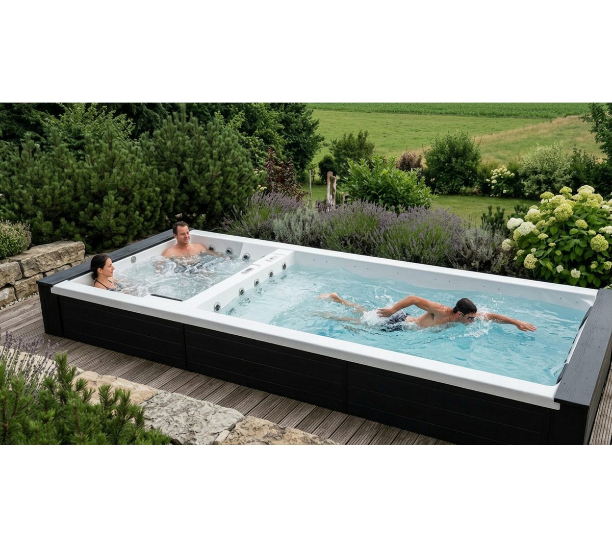 SPA Kompagniet Whirlpool Scandinavic Wood Art "Santorini" Swim Spa - Doppelpool 5P 587×228 cm
