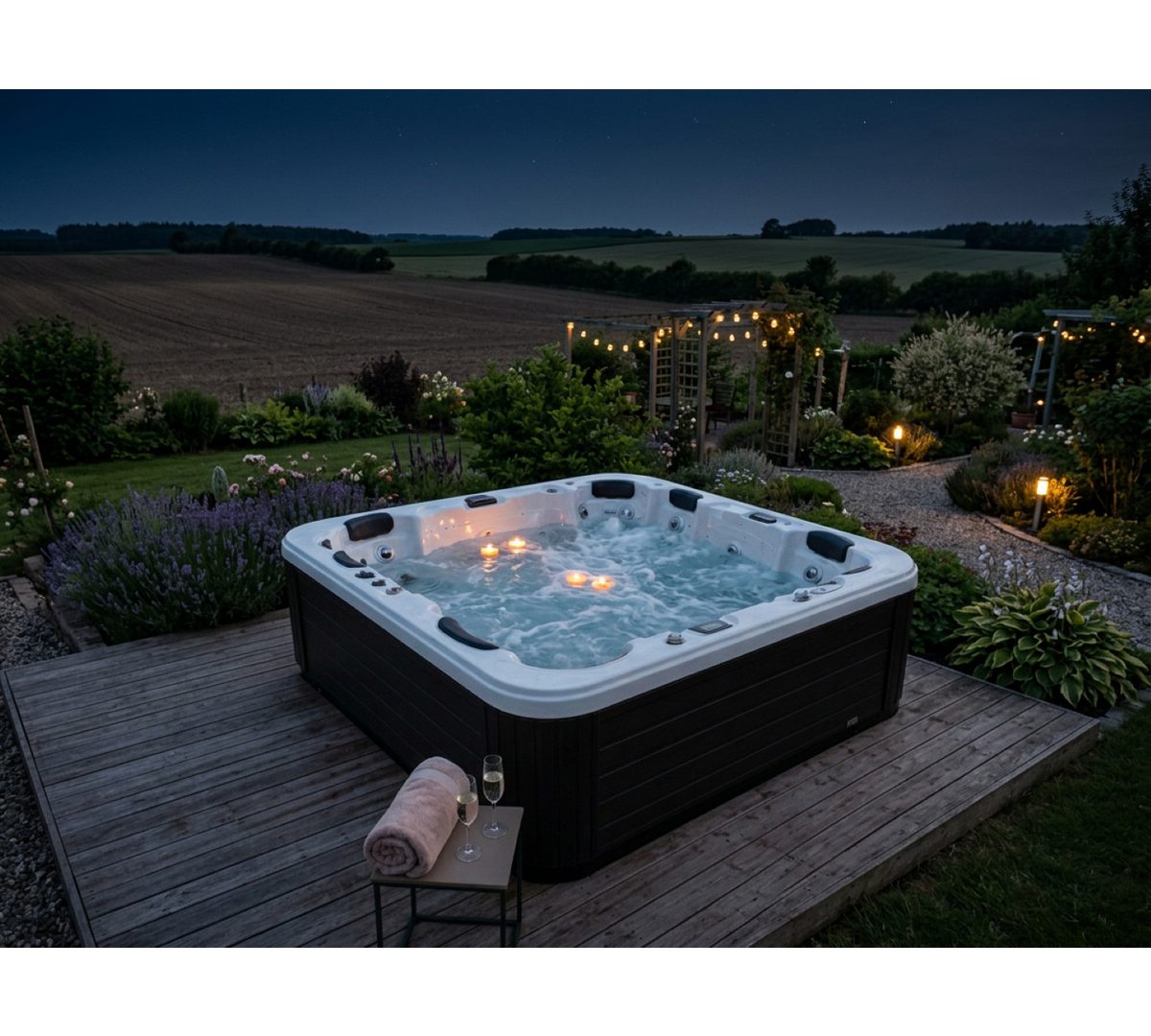 SPA Kompagniet Whirlpool Scandinavic Wood Art "Borkum" Outdoor Whirlpool 6P 70 Düsen 230×230 cm