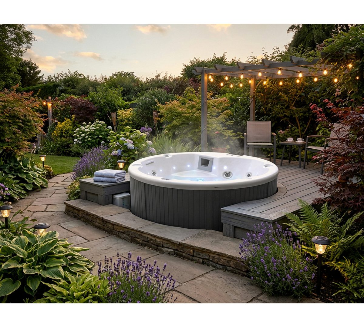 SPA Kompagniet Whirlpool Scandinavic Wood Art "Bornholm" Outdoor Whirlpool 5P Wasserfall Ø 182