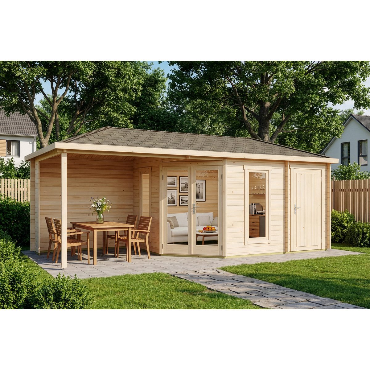 Alpholz Gartenhaus Holz 5-Eck Liwa mit Anbau Natur 28mm Wandstärke