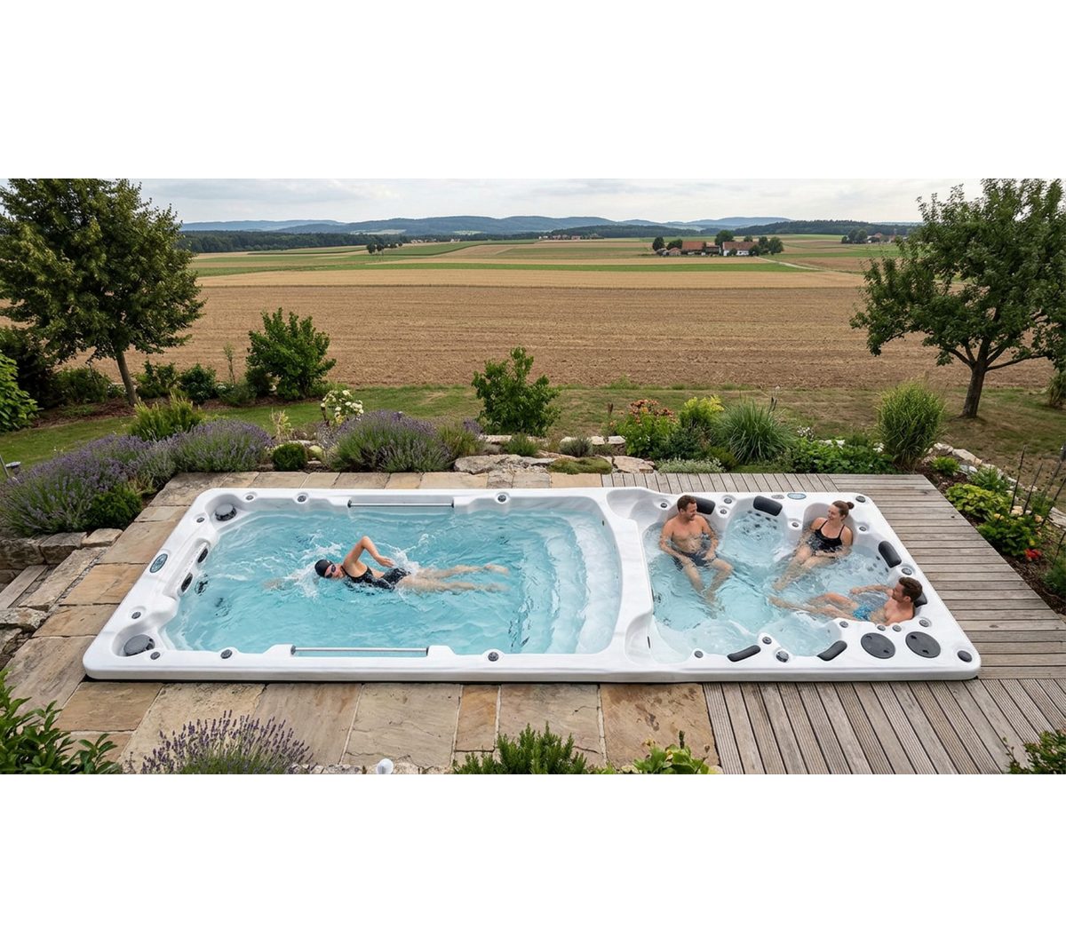 SPA Kompagniet Whirlpool Scandinavic Wood Art "Korfu" Swim Spa - 7P Doppelbecken mit 32-Zoll-TV