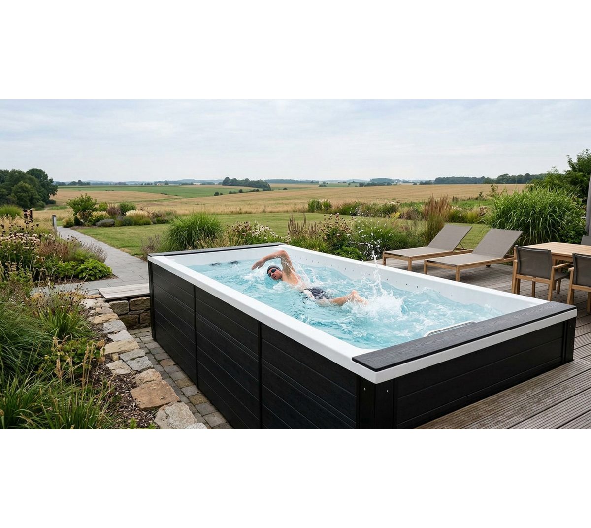 SPA Kompagniet Whirlpool Scandinavic Wood Art "Santorini" Swim Spa Gegenstromanlage 589×228 cm