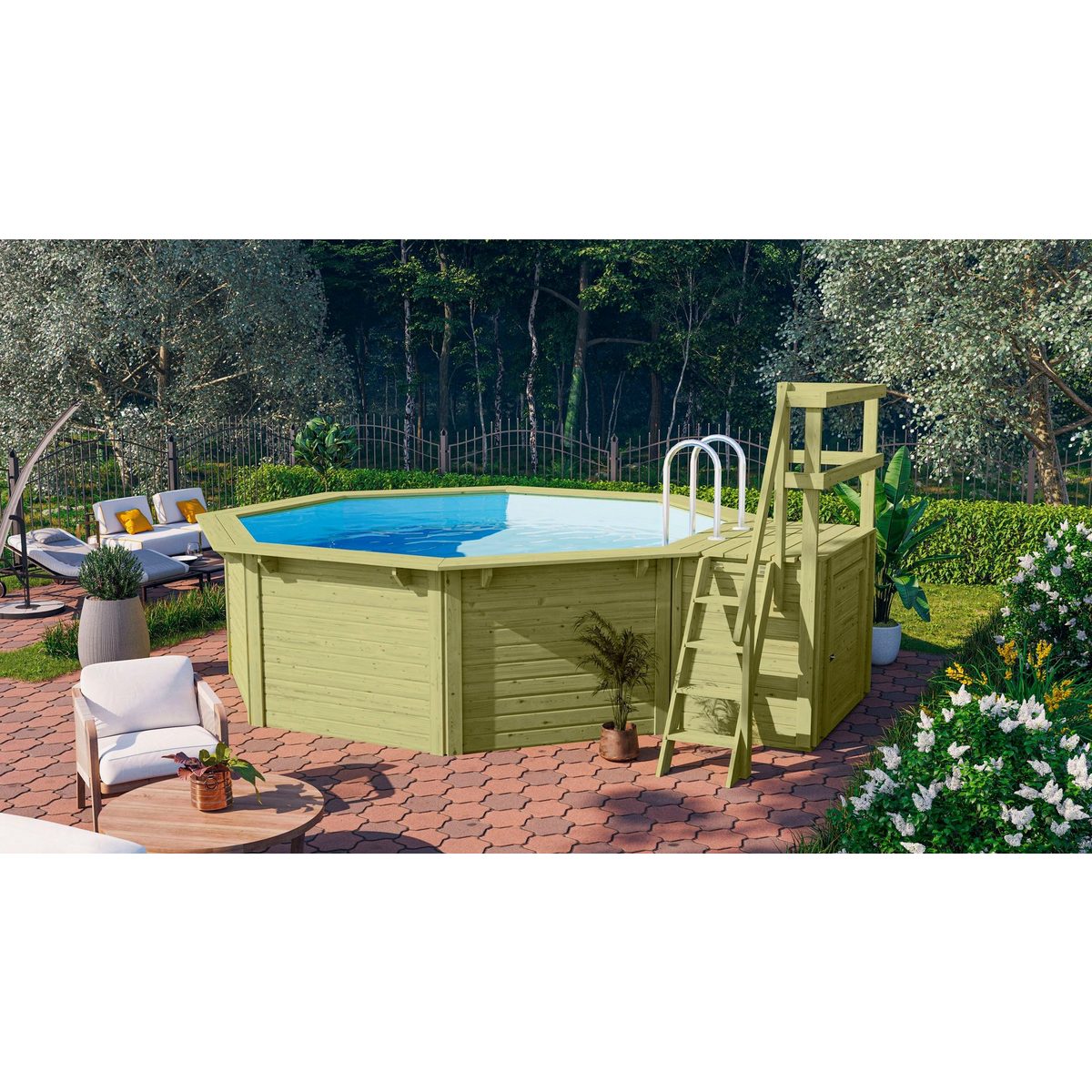 Karibu Achteckpool Rimini 1X mit Sonnendeck (Set