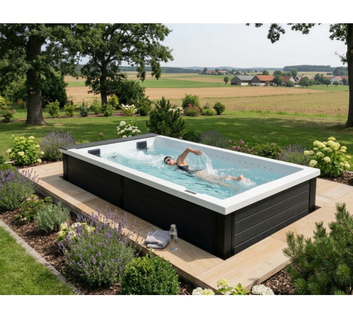 SPA Kompagniet Whirlpool Scandinavic Wood Art "Mykonos" Swim Spa 3 Gegenstromdüsen 410×228 cm