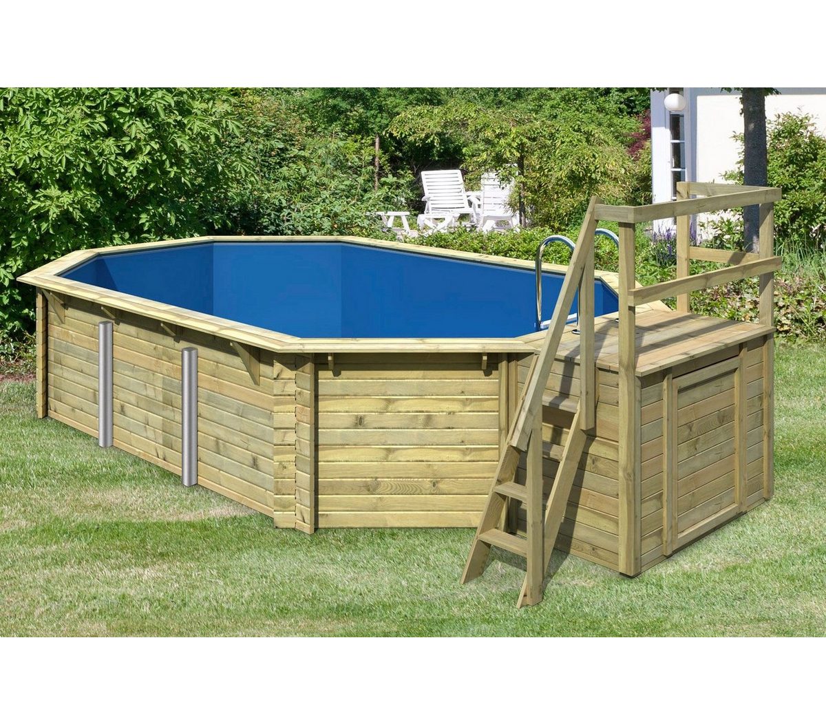 Karibu Achteckpool PALMA Set B BxLxH: 358x569x124 cm mit Sonnendeck (Set