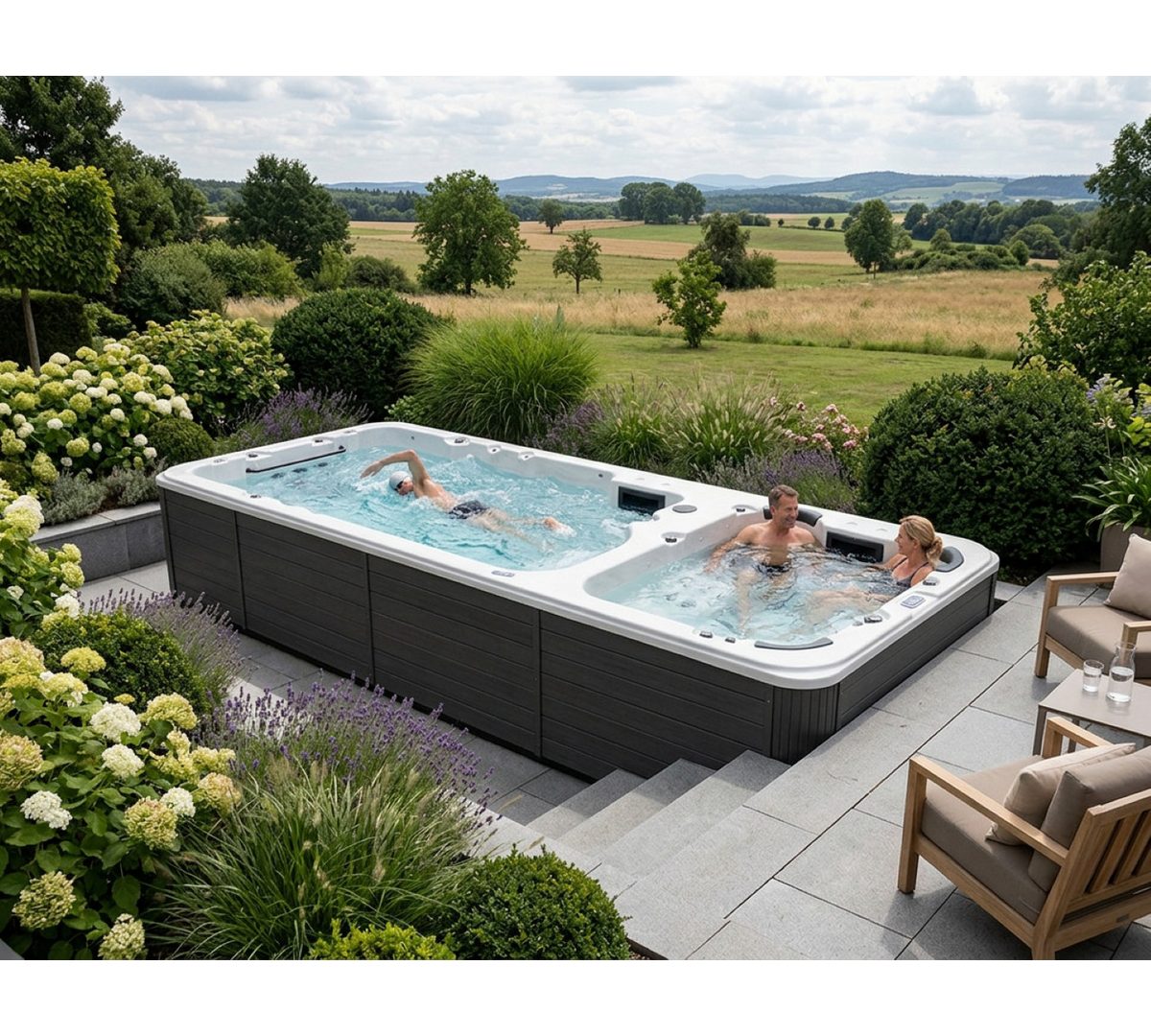 SPA Kompagniet Whirlpool Scandinavic Wood Art "Kreta" Swim Spa 5P mit Doppelbecken 593×230 cm