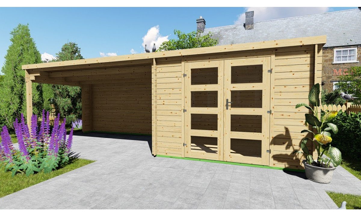 Finn Art Blockhaus Gartenhaus Flachdach 7x3m Holz Funny 5 in 28mm Wandstärke