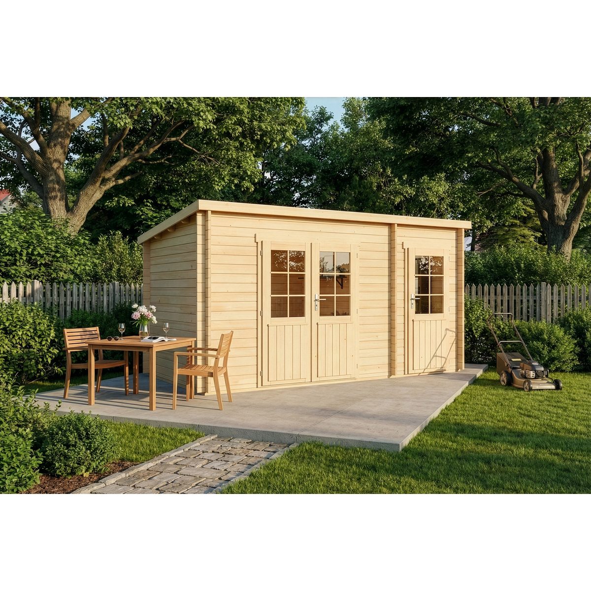 Alpholz Gartenhaus Holz Maria mit Anbau Natur 28mm Wandstärke