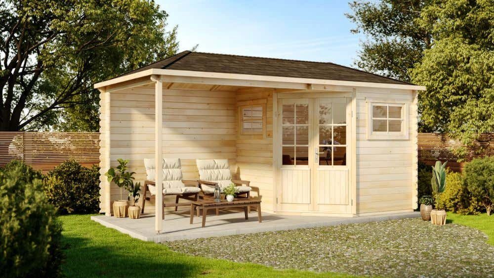 Alpholz Gartenhaus Holz 5-Eck Franz mit Anbau Natur 28mm Wandstärke