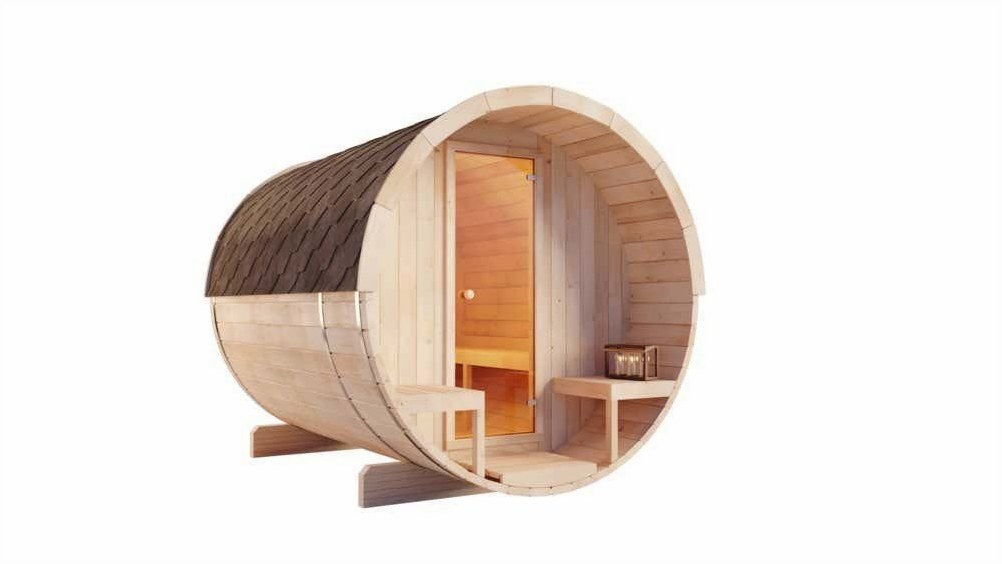 FinnTherm FinnTherm Entspannungsoase - Fasssauna Carrie, nat – Außenansicht