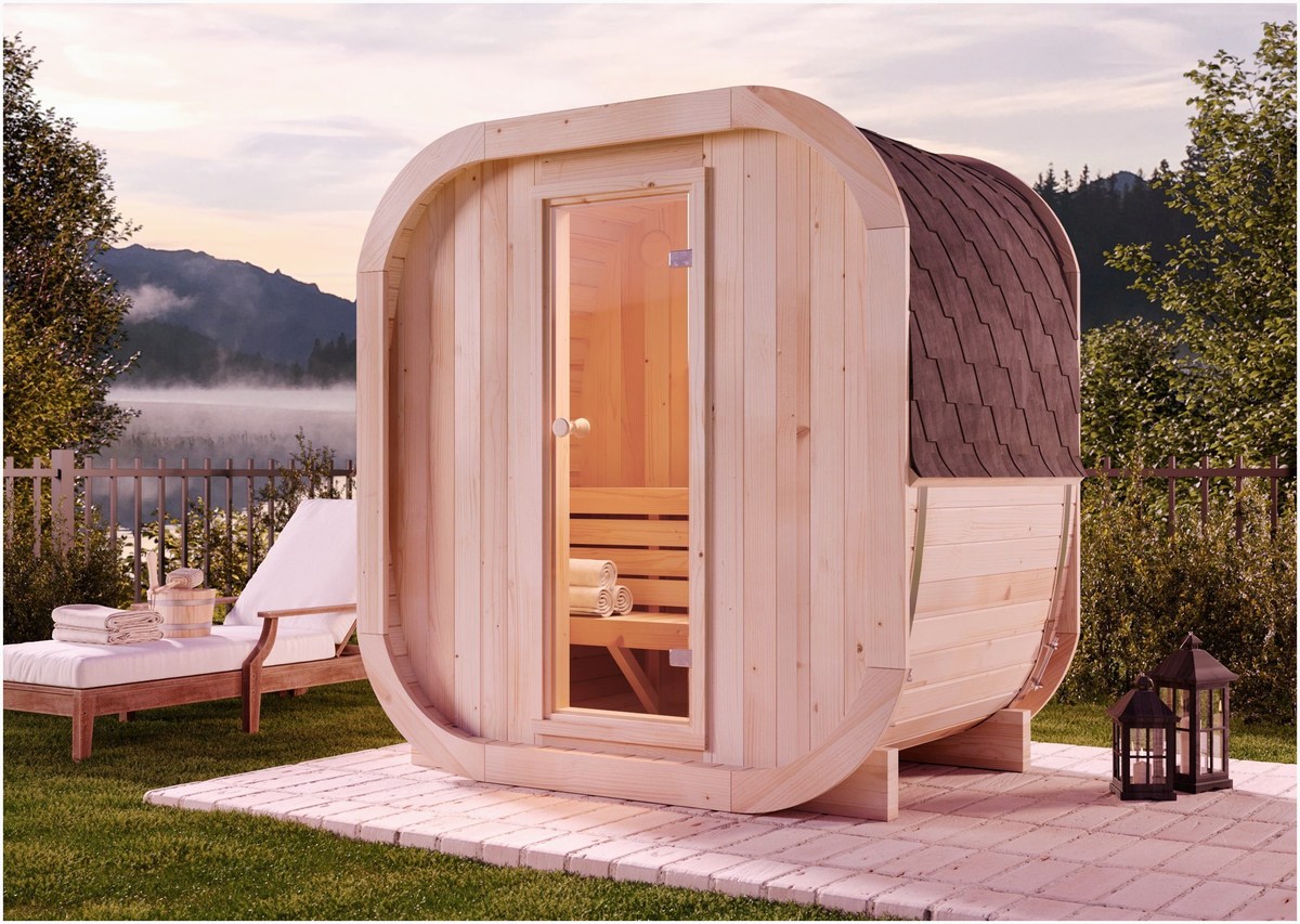 FinnTherm FinnTherm Kompakte Fasssauna ScandiCube Mini - Nat – Außenansicht