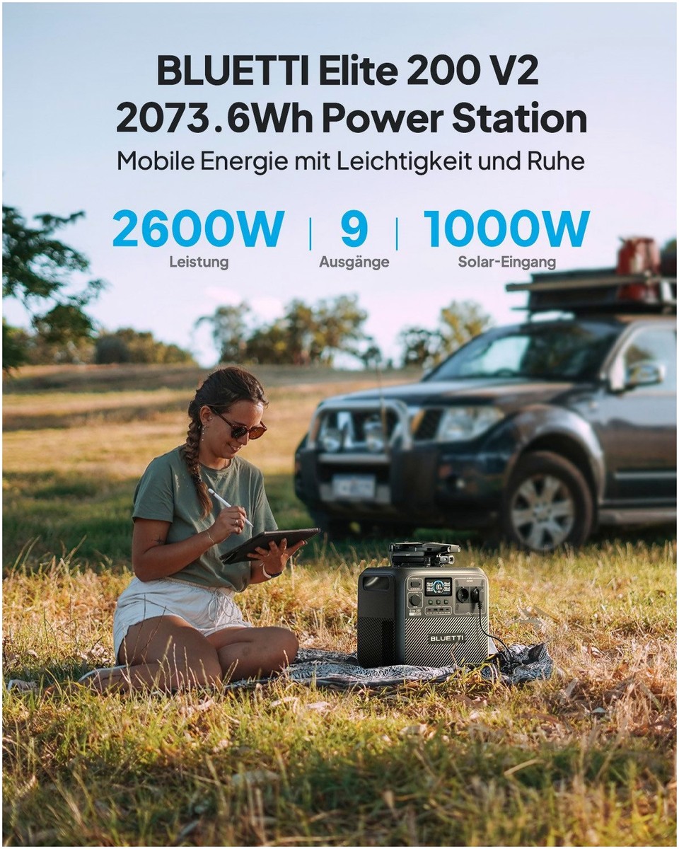 BLUETTI Energie mit der BLUETTI Elite 200 V2 Powerstation – Seitenansicht